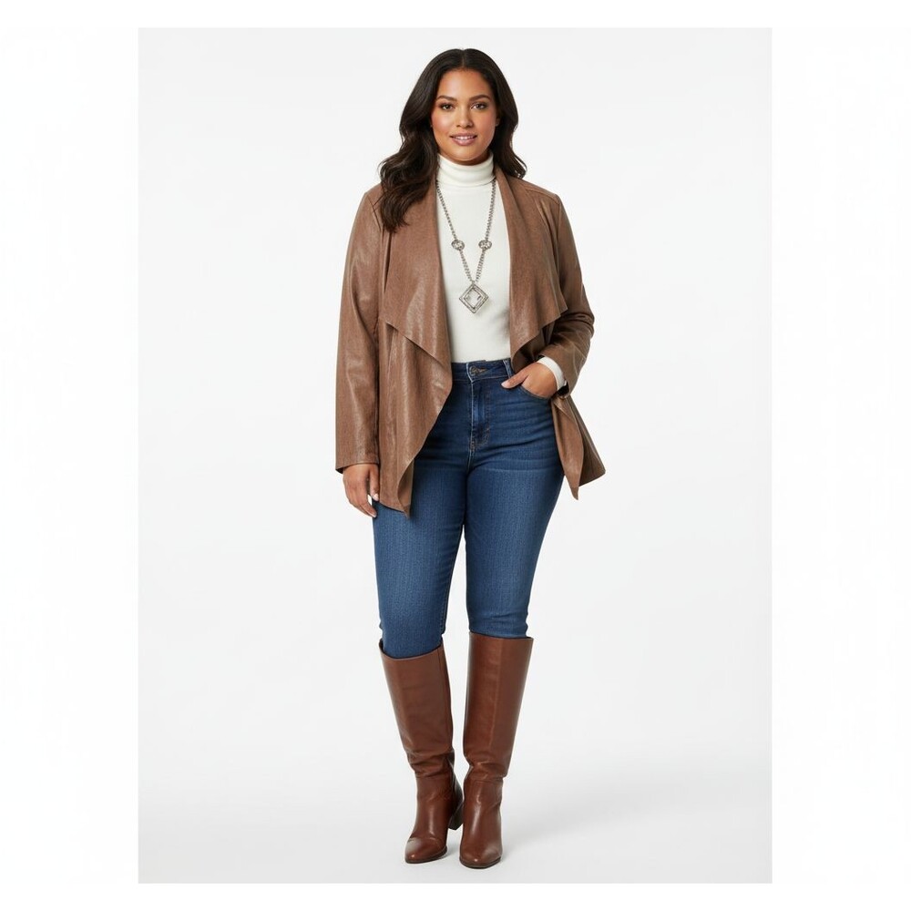 C Est 1946 Faux Suede Waterfall Drape Open  Jacket Brown Plus 22 24 Boho Layer